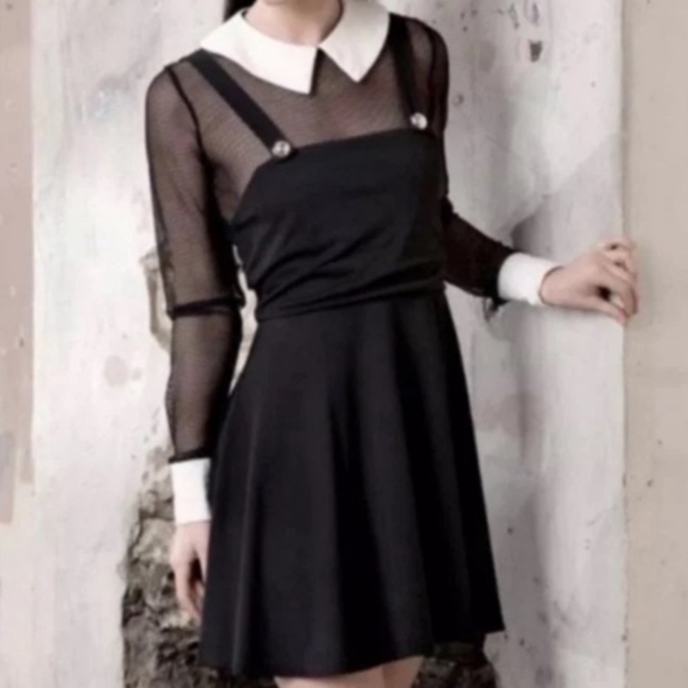 Black Long Sleeve Mesh Collar Dress with Pinafore Detail